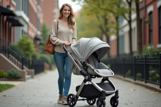 Jeune maman américaine poussant une poussette moderne en ville