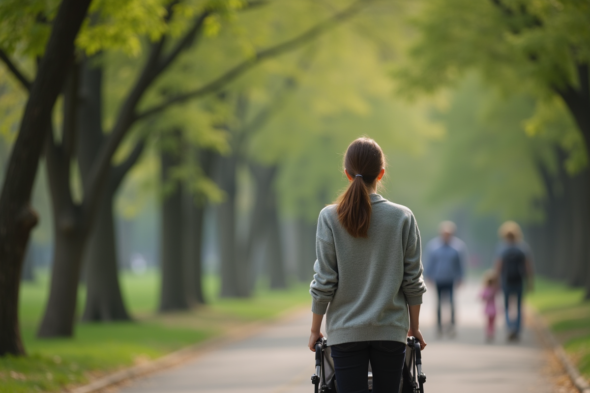 Maman se promenant dans un parc urbain avec poussette