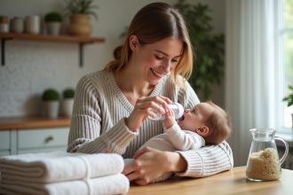 Maman souriante donnant le biberon à sa bébé dans la cuisine