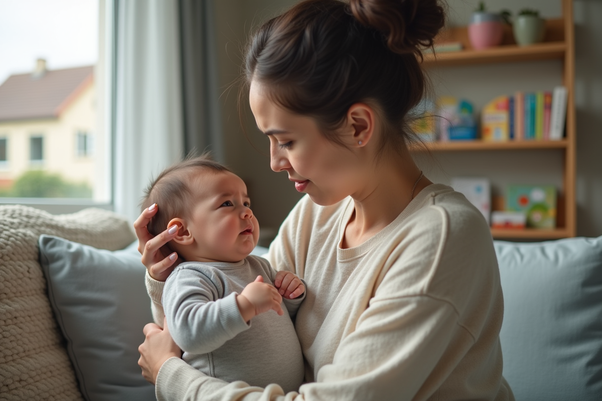 Maman inquiète tenant son bébé de 6 mois dans un salon chaleureux