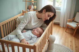 Jeune maman déposant son bébé dans un lit en bois