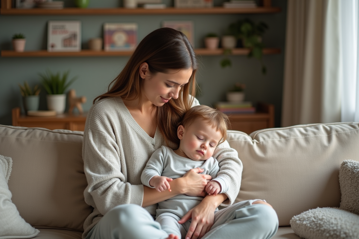 Maman et bébé endormi dans un salon chaleureux