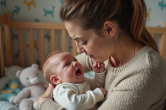 Maman réconforte son bébé de 8 mois dans la nurserie