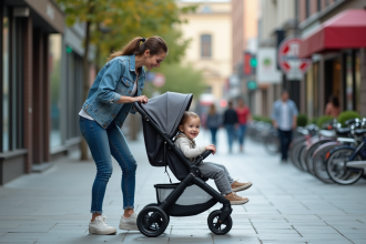 Maman souriante avec son bébé dans une poussette en ville