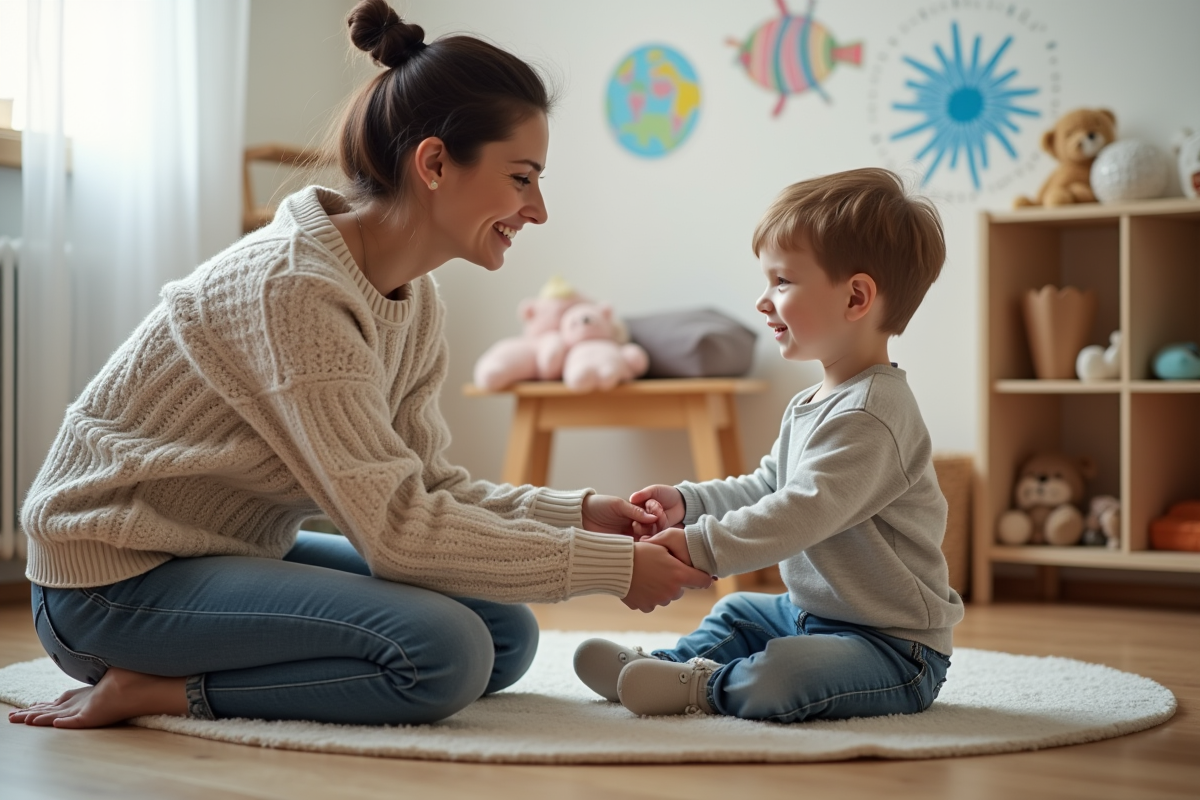 Maman console son enfant dans la salle de jeux