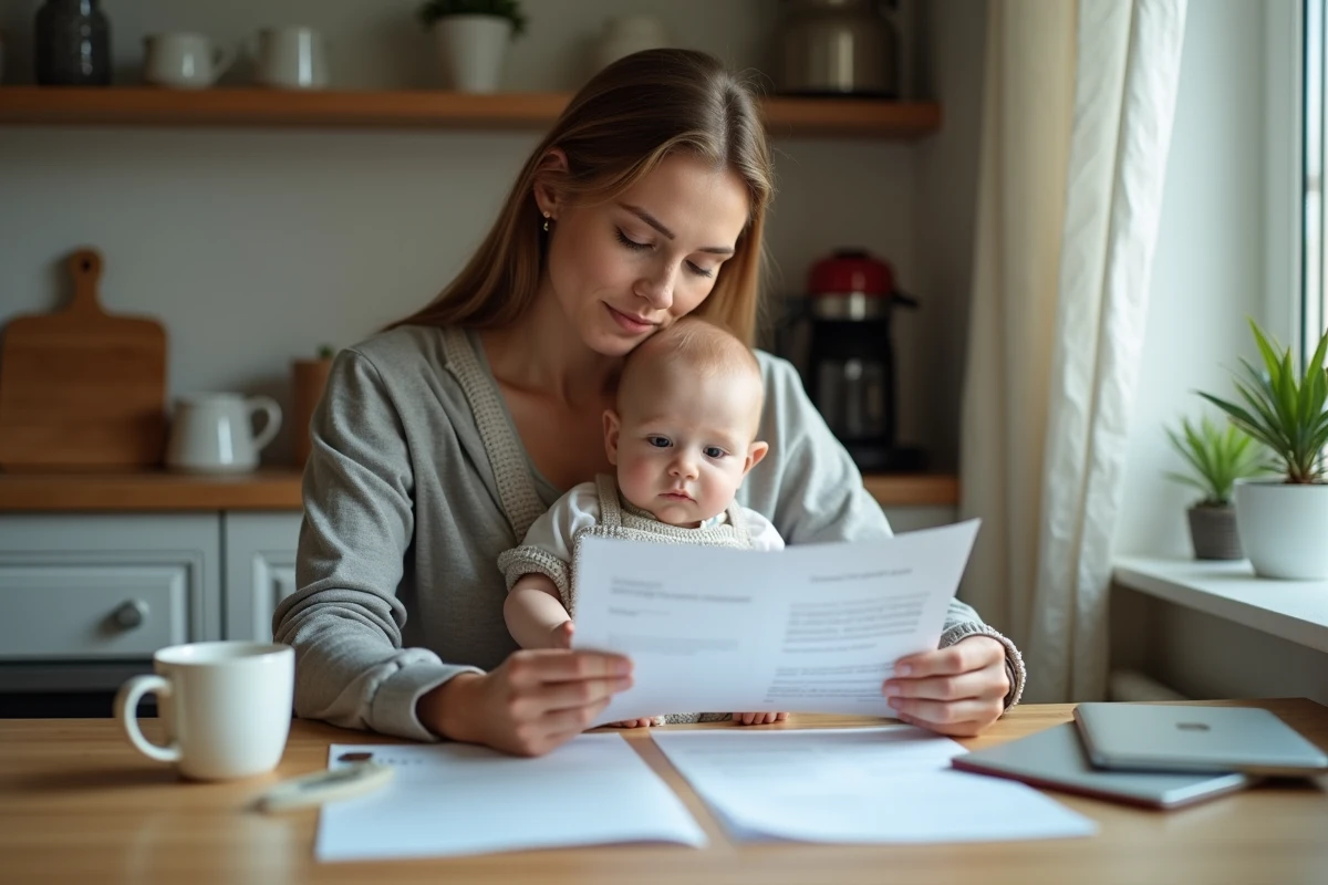 Maman lisant des documents avec son bébé dans la cuisine moderne