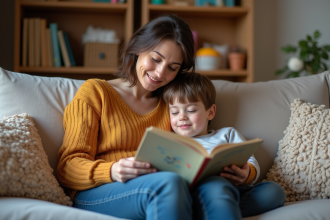 Femme et enfant lisant un livre dans un salon chaleureux