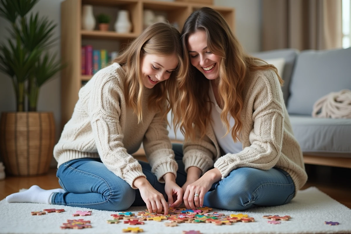 Maman et fille souriantes jouent avec un puzzle coloré dans le salon