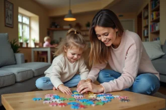 Femme et fille jouant avec un puzzle dans le salon