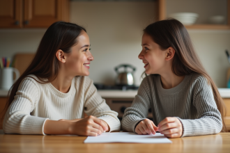 Mère et fille discutent à la cuisine chaleureuse
