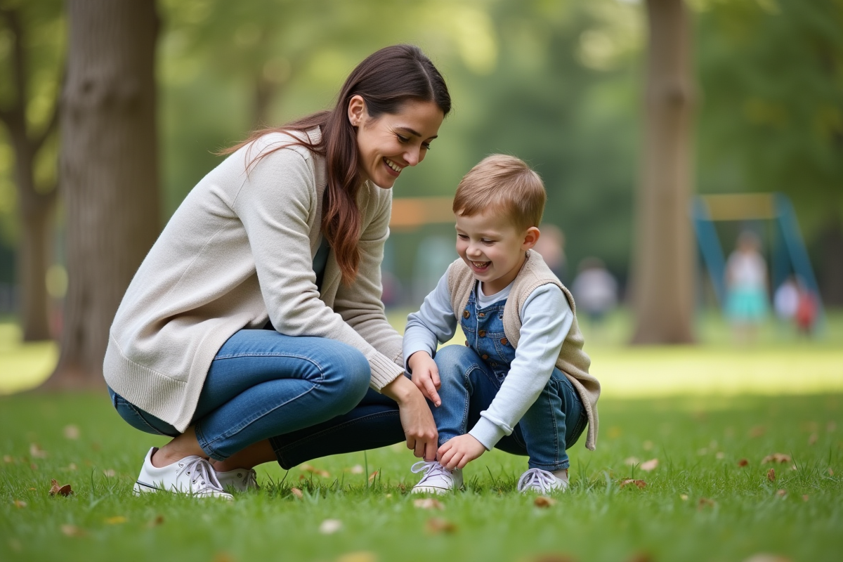 Maman aidant son enfant à faire ses lacets dans un parc