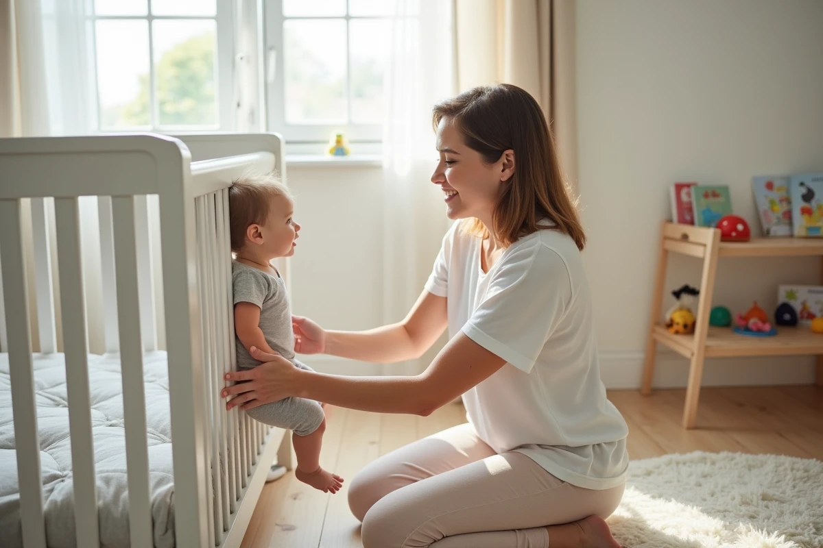 Maman ajuste la barrière de lit en souriant avec sa fille