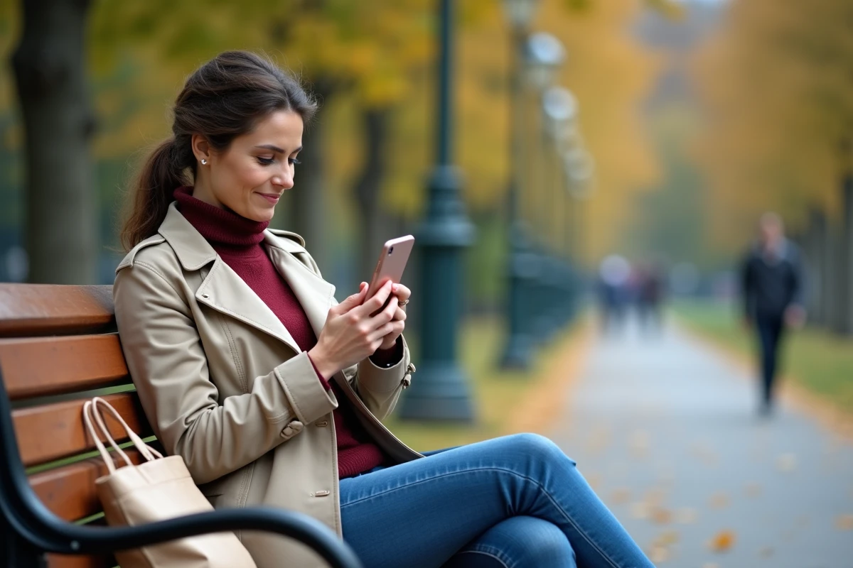 Femme seule avec enfant vérifiant la confidentialité d'une application de rencontres dans un parc