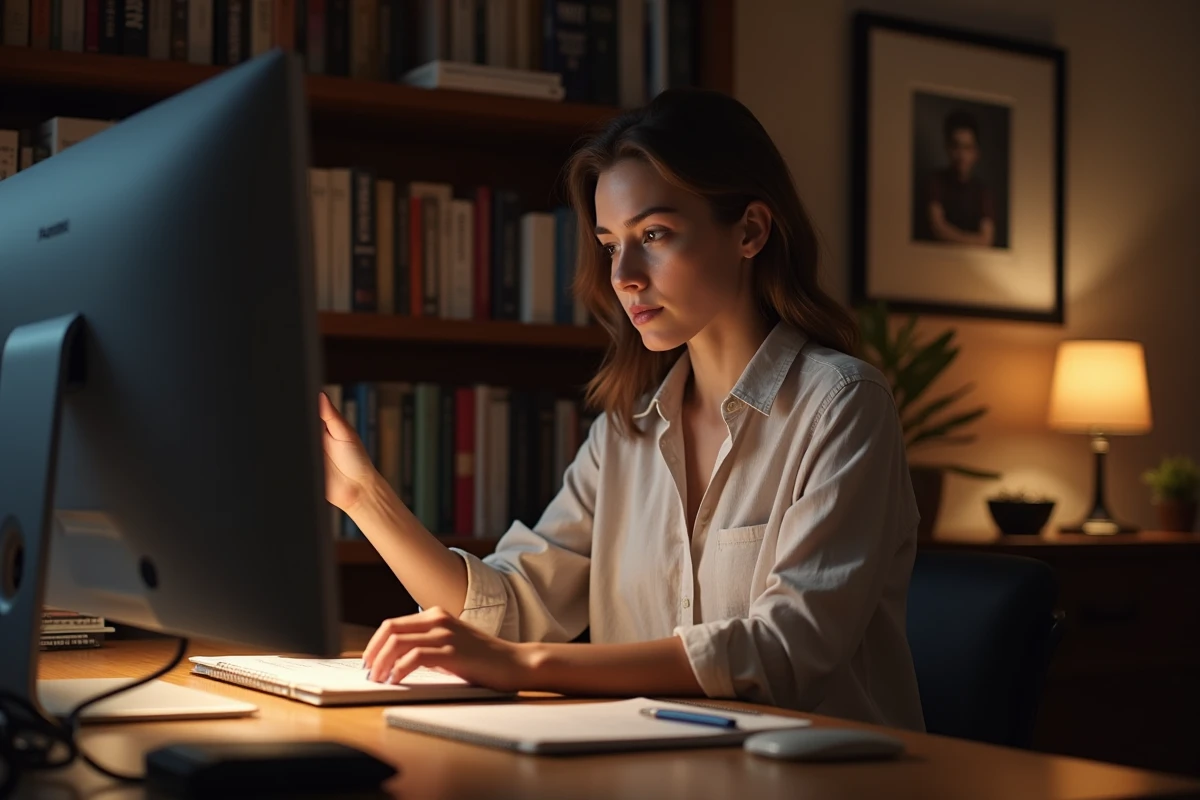 Maman solo lisant les paramètres de confidentialité d'un site de rencontres depuis son bureau à domicile
