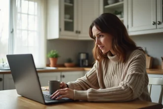Maman solo consultant un site de rencontres sécurisé sur son ordinateur portable dans sa cuisine