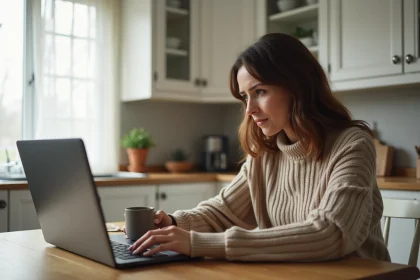 Maman solo consultant un site de rencontres sécurisé sur son ordinateur portable dans sa cuisine