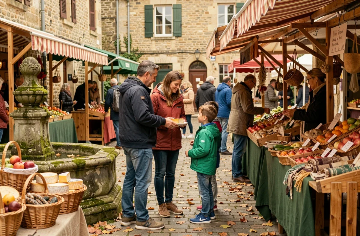 Famille en train de faire le marché du week-end sur une place de village en Île-de-France en automne