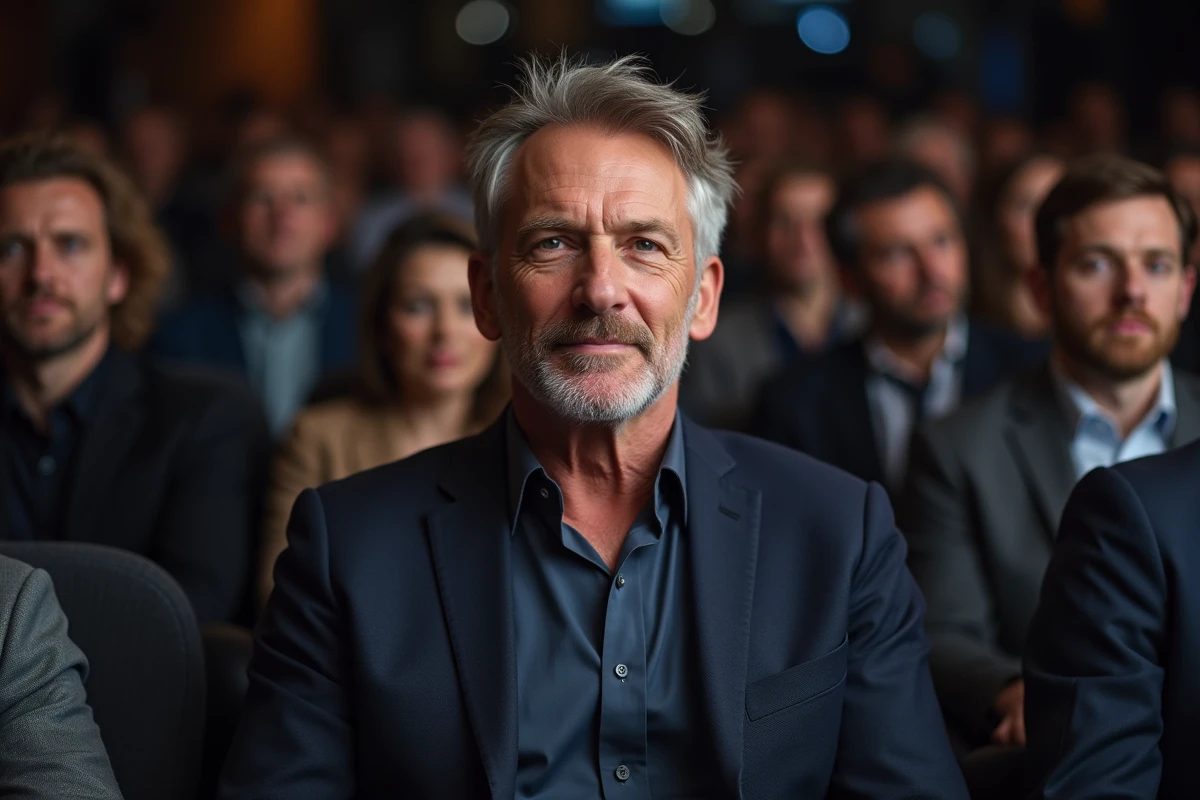 Homme élégant assis dans les coulisses d'un studio de télévision, soutenant discrètement une personnalité médiatique lors d'un tournage