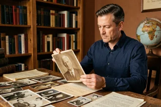 Homme consultant des archives familiales et photographies anciennes pour explorer ses origines et son histoire personnelle
