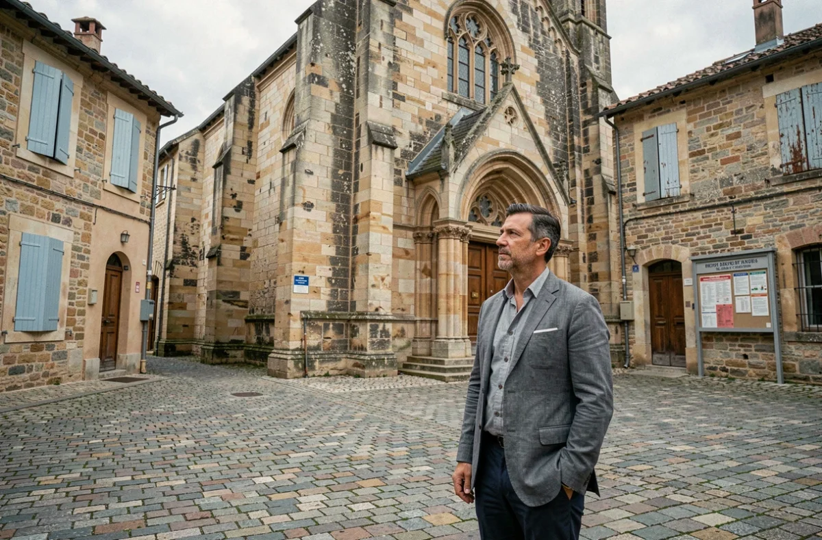 Homme dans une place de village français contemplant une architecture ancienne, symbolisant les racines régionales et l'identité locale