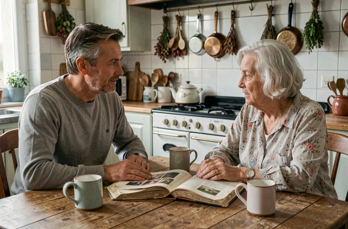Homme écoutant une femme âgée raconter l'histoire familiale autour d'un album photo dans une cuisine française traditionnelle