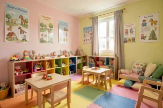 Vue d'ensemble d'une crèche chaleureuse en Auvergne-Rhône-Alpes, avec des jouets en bois colorés et des espaces de jeu adaptés aux tout-petits