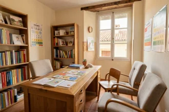 Cabinet d'orthophonie en Occitanie avec matériel thérapeutique et vue sur les toits méditerranéens