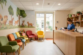 Salle d'attente d'un cabinet pédiatrique chaleureux avec des chaises colorées, des jouets et une infirmière à l'accueil en Haute-Garonne