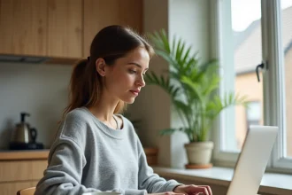 Mère de famille consultant un site de coaching parental sur son ordinateur portable dans une cuisine moderne et chaleureuse
