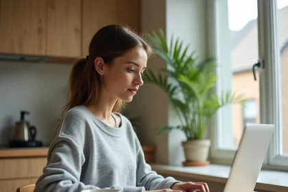 Mère de famille consultant un site de coaching parental sur son ordinateur portable dans une cuisine moderne et chaleureuse