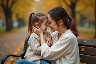 Mère consolant sa fille en pleurs sur un banc de parc en automne, moment d'amour inconditionnel et de tendresse maternelle