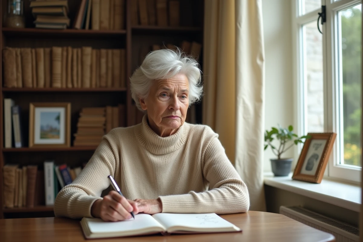 Femme d'une soixantaine d'années écrivant dans un carnet à son bureau, expression mélancolique, illustrant la culpabilité et l'introspection d'une mère dont la fille ne donne pas de nouvelles