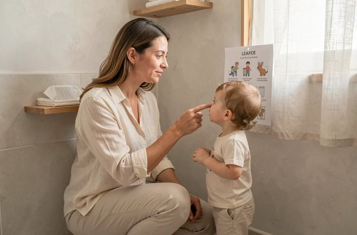 Mère accompagnant son enfant dans l'apprentissage de la propreté Montessori, montrant un tableau illustré de routine, ambiance douce et bienveillante