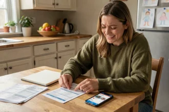Mère de famille souriante gérant son budget avec des coupons et des promotions sur une table de cuisine familiale