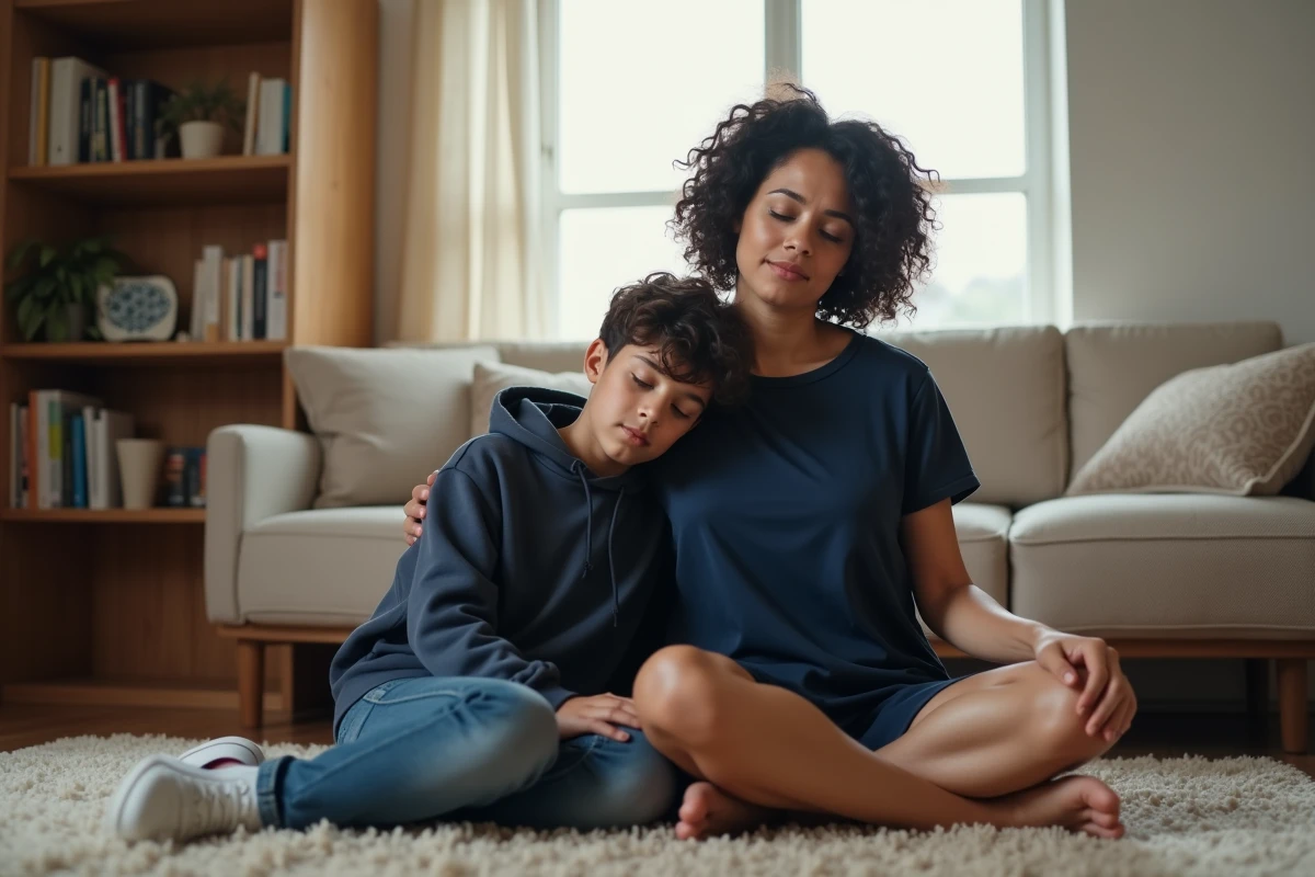 Mère et fils adolescent assis sur le tapis du salon, moment de réconfort silencieux et d'amour maternel profond