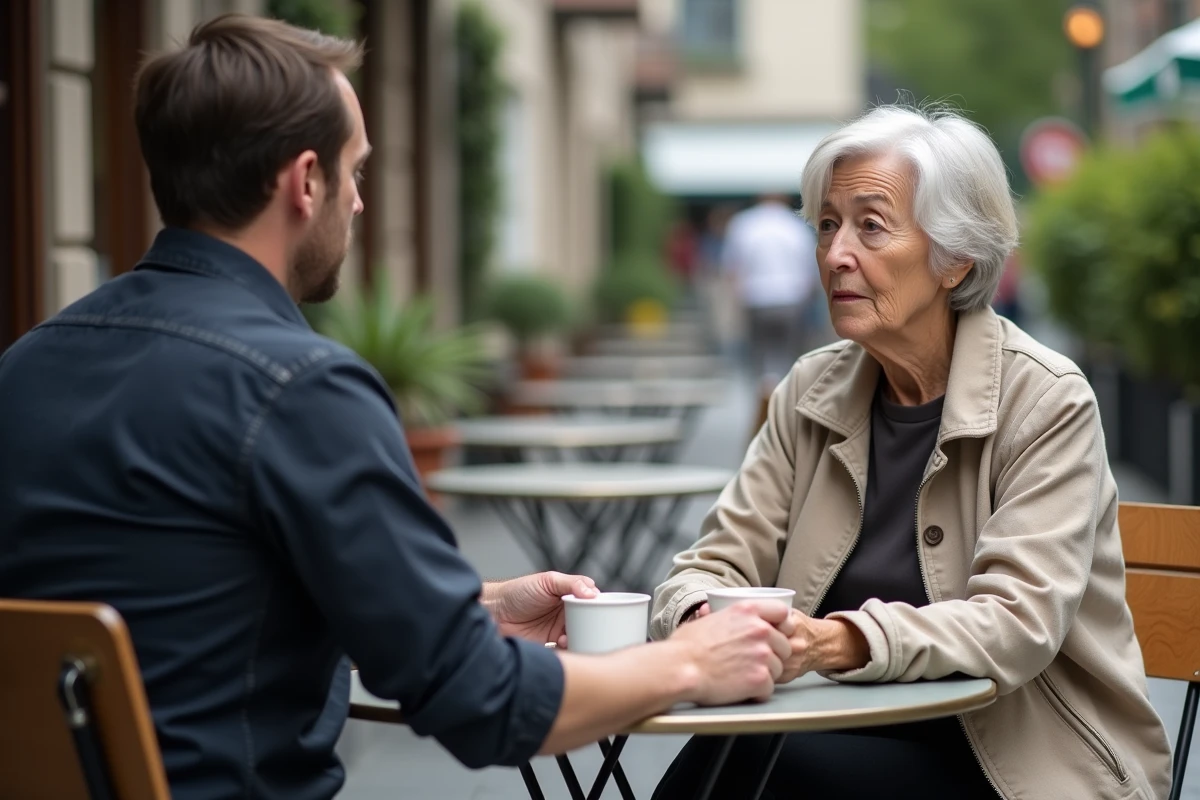 Mère et fils adulte attablés en terrasse de café en train de se parler avec prudence, symbolisant une tentative de réconciliation et le renouveau du dialogue familial