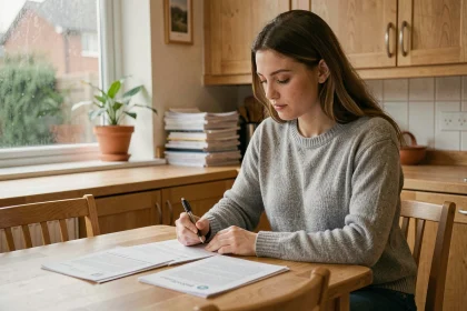 Mère de jumeaux assise à une table de cuisine en bois, consultant des documents administratifs pour le renouvellement de son congé parental