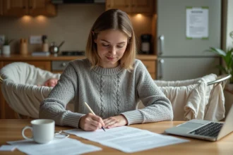 Jeune mère écrivant une lettre de demande de temps partiel après son congé maternité à la table de sa cuisine avec son nouveau-né