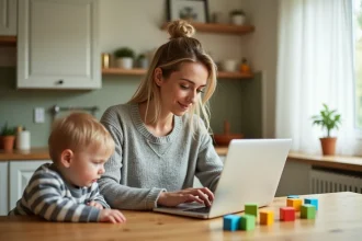 Mère consultant un site de ressources parentales sur son ordinateur portable pendant que son enfant joue dans la cuisine