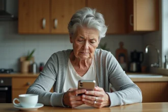 Femme d'une cinquantaine d'années seule dans sa cuisine tenant son téléphone, l'air pensif et préoccupé, illustrant l'attente d'un appel de sa fille