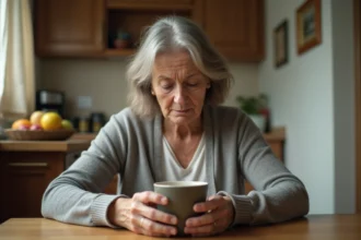 Mère d'une cinquantaine d'années assise seule à la table de cuisine, regardant son téléphone avec une expression mélancolique, illustrant la douleur d'une rupture de communication avec un fils adulte