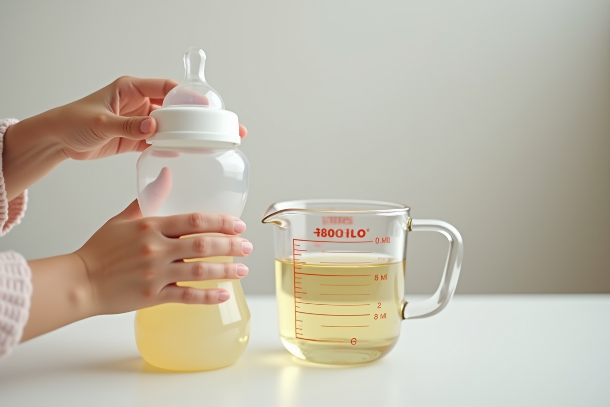 Main de parent tenant un biberon avec mesure de 80 ml en vue aérienne