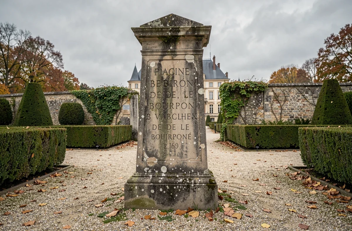 Monument en pierre gravé aux inscriptions bourboniennes dans un jardin à la française, symbole de l'héritage d'Henri IV et Louis XIII