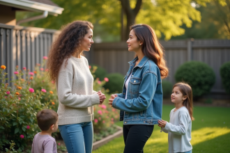 Deux mères discutant dans un jardin avec leurs enfants