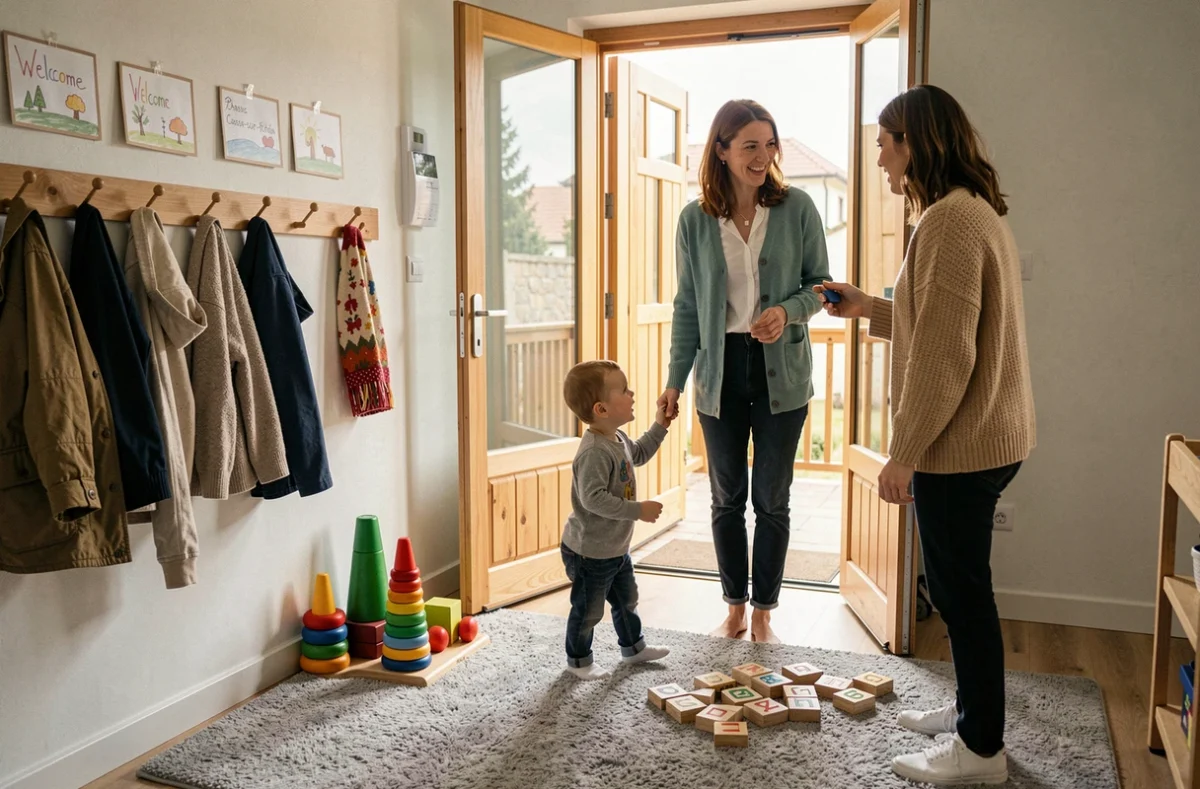 Moment d'accueil chaleureux d'un enfant à l'entrée de la micro-crèche Nos Journées chez Olivia à Chasse-sur-Rhône