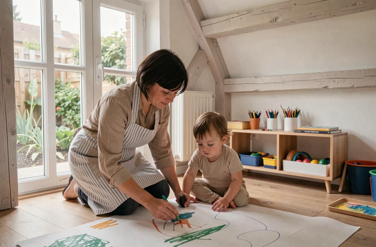 Éducatrice accompagnant un enfant dans une activité de peinture à la micro-crèche Nos Journées chez Olivia à Givors