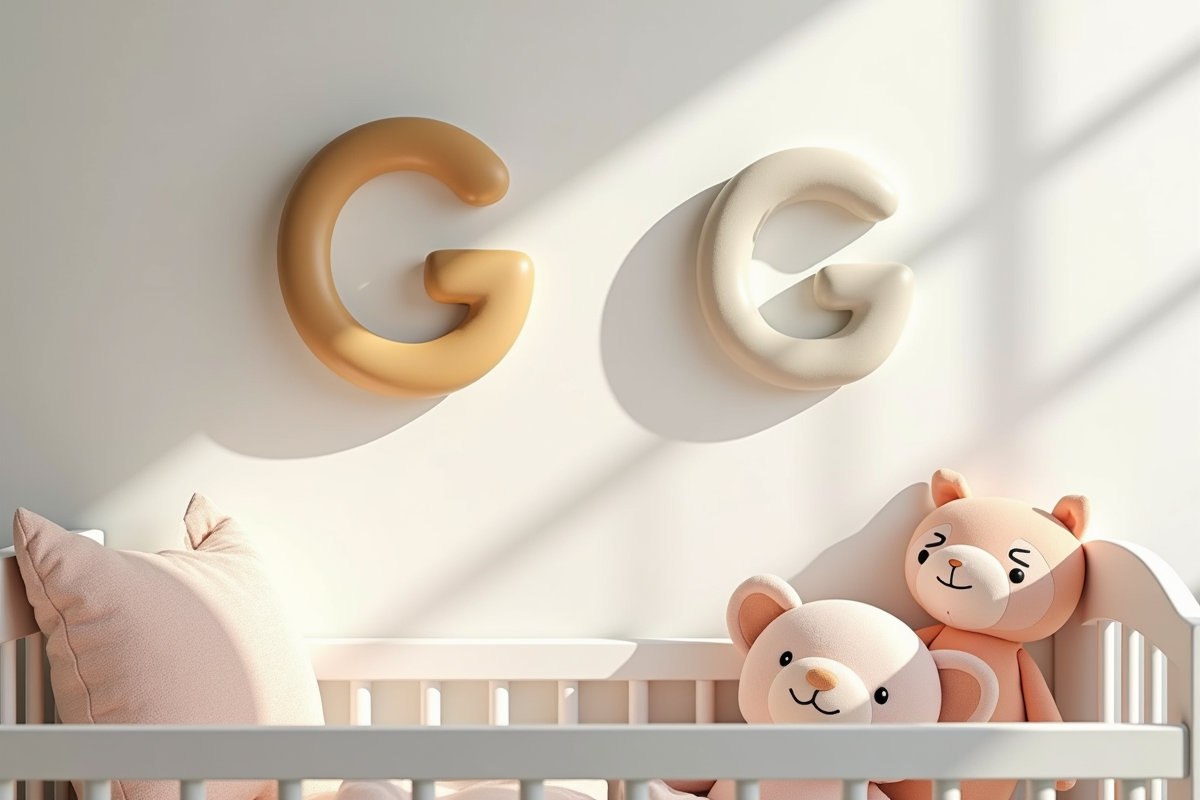 Chambre de bébé moderne avec plaques nom G et jouets doux