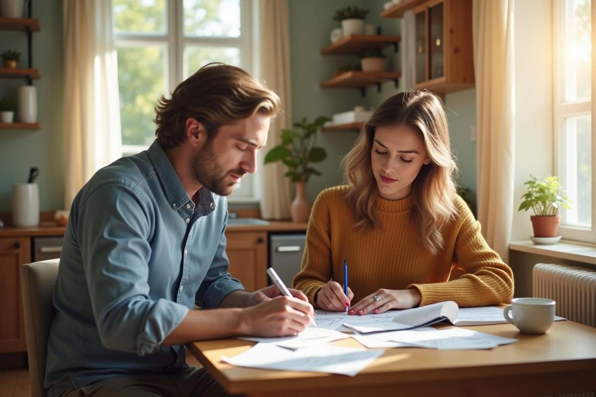 Couple travaillant sur des factures à la table de cuisine