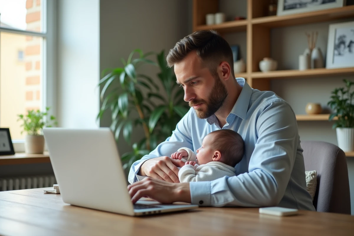 Papa tenant son bébé tout en travaillant sur un ordinateur à la maison