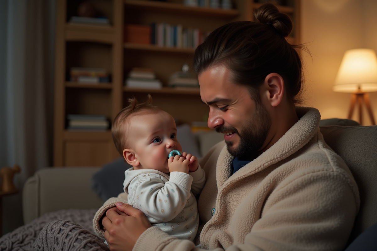 Papa apaise sa fille de 10 mois avec un anneau de dentition